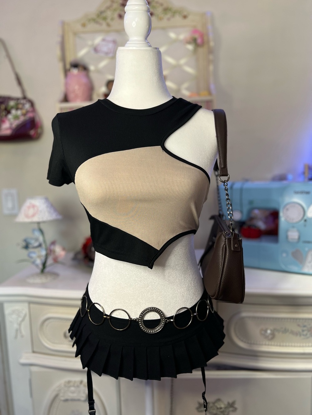 SHEIN Black and Beige Asymmetrical Cutout Crop Top